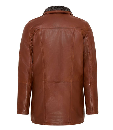 Mens Leather Jacket Classic Trench Coat with Removable Collar Mid Length Warm Overcoat - Tan