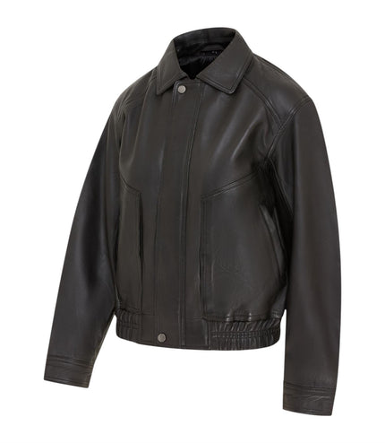 Womens Black Leather Biker Bomber Oversized Jacket - Blouson