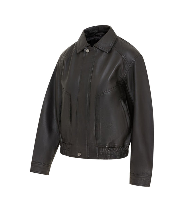 Womens Black Leather Biker Bomber Oversized Jacket - Blouson
