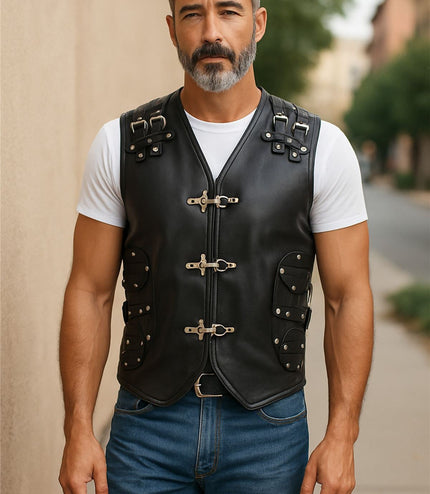Men's Black Biker Leather Waistcoat Metal Buckles Vest - Coolgardie