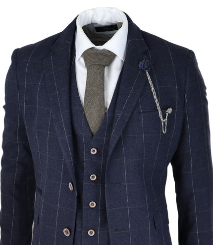 Mens 3 Piece Wool Suit Navy Blue Tweed Check Peaky Blinders 1920 Gatsby Formal