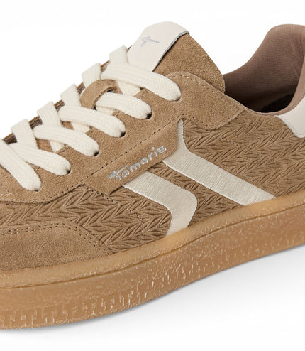 Tamaris Women's Taupe Leather White Stripes Trainers Sneaker Shoes
