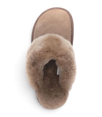 Women's Genuine Sheepskin Taupe Suede Mule Winter Slippers - Luna
