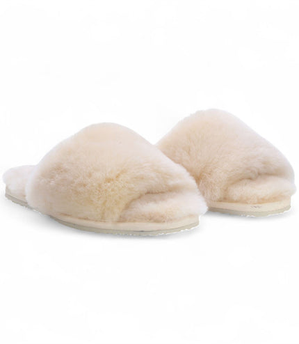 Women's Sheepskin Slippers Beige Warm Winter Fur Sliders - Nordic