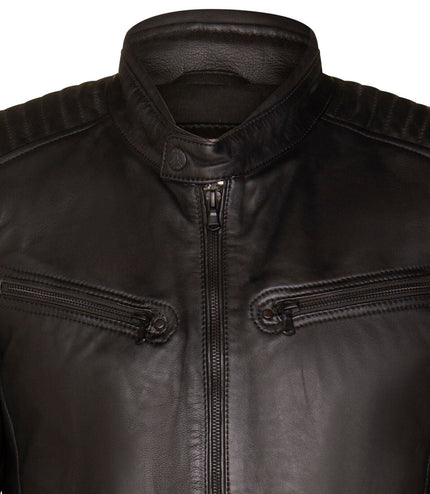 Mens Black Leather Quilted Biker Jacket - Paris