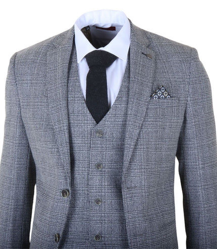Men's 3-Piece Grey Classic Check Suit Slim Fit Plain Formal Party Suit