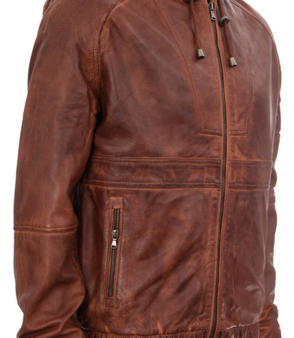Men's Casual Leather Hooded Bomber Jacket-Odesa - Tan