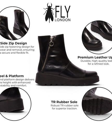 Fly London Women’s Black Leather Zip-up Platform Ankle Boots - TARP553FLY