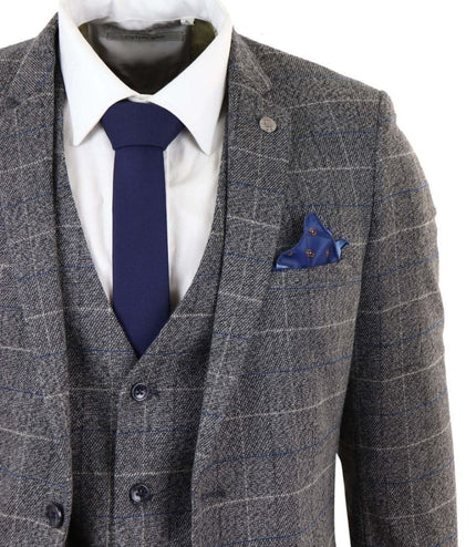 Mens 3 Piece Grey With Blue Check Vintage Classic Suit
