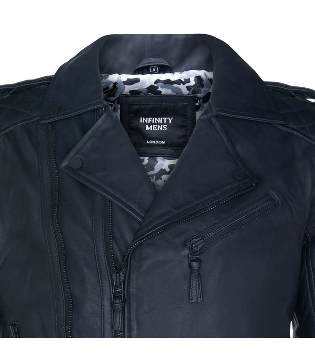 Mens Slim-Fit Double Zip Brando Leather Biker Jacket-Cairo - Black
