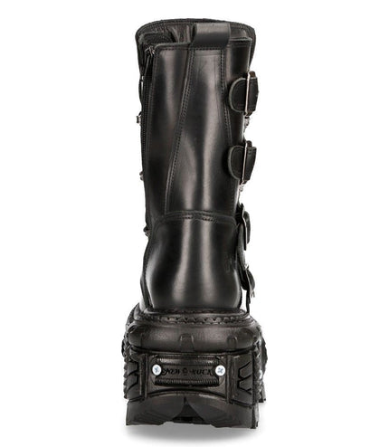 New Rock Unisex Black Leather Combat Platform Boots - TANK373-S1