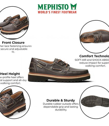 Mephisto Adrien Montana 8591 Men's Dark Brown Leather Lace-Up Walking Boat Shoes