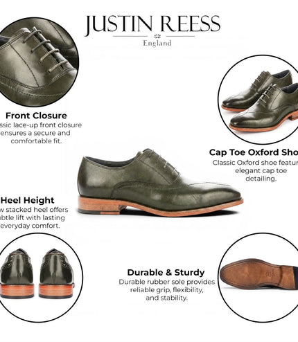 Justin Reess Men's Green Leather Cross-Stitch Toe Cap Oxford Shoes - Jett