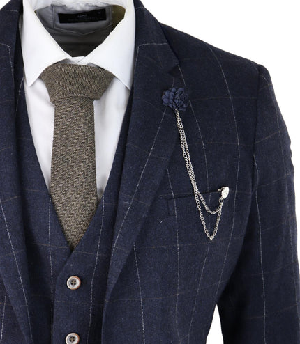 Mens 3 Piece Wool Suit Navy Blue Tweed Check Peaky Blinders 1920 Gatsby Formal