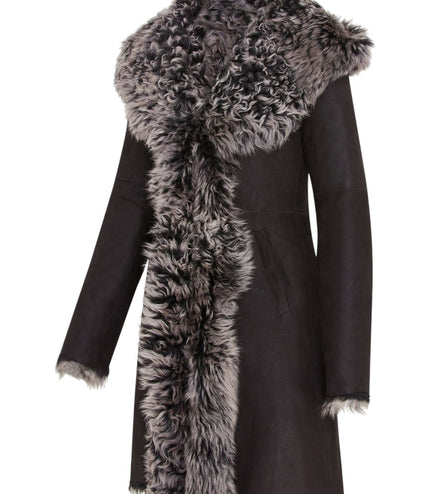Womens Black Toscana Sheepskin Leather Hooded Trench Coat - Coast