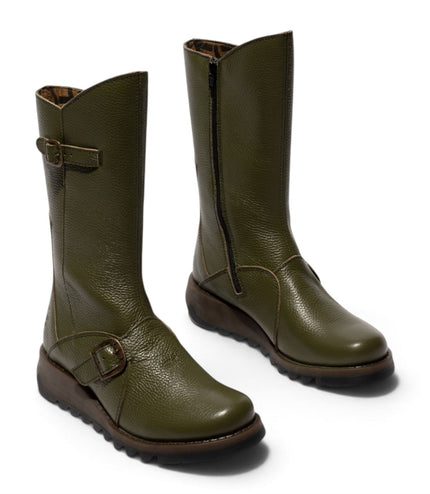 Fly London Womens Military Green Leather Mid-Calf Long Boots - MES2913
