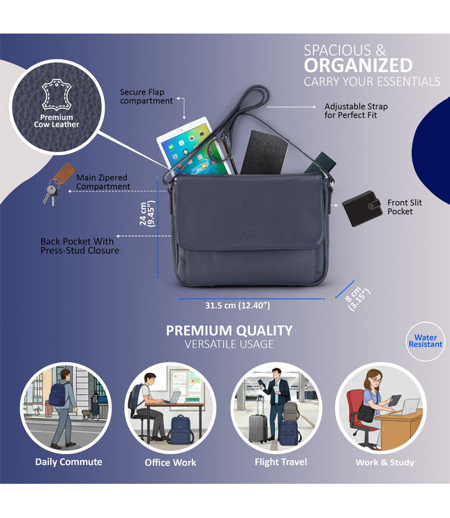 Genuine Leather Navy Laptop Bag Travel Work Messenger Satchel - Camden