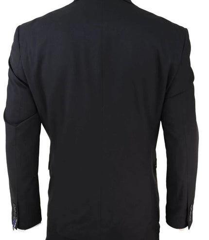Mens 3 Piece Plain Black Classic Retro Tailored Suit