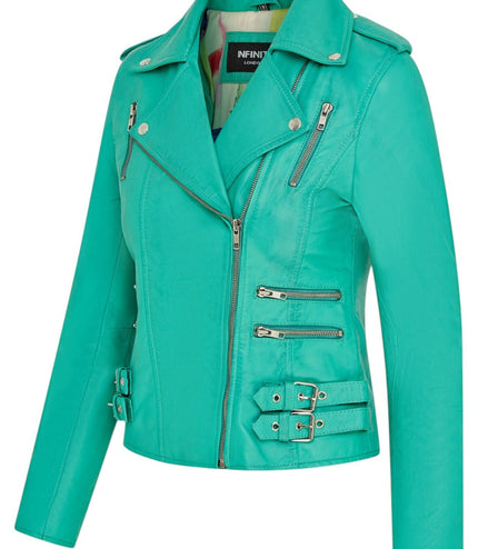 Womens Leather Brando Biker Jacket-Orlando - Aqua