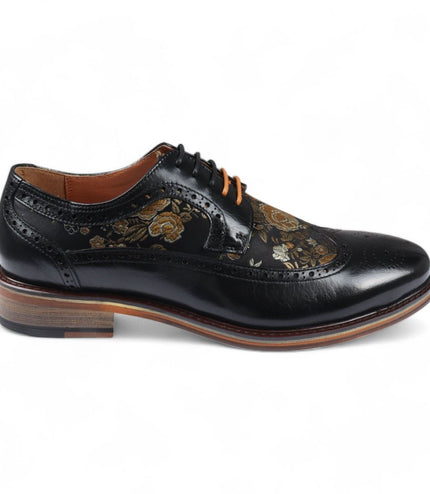Justin Reess Men's Black Leather Floral Print Brogue Dress Shoes - Ross