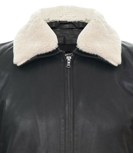 Black Leather Air Force Bomber Jacket with Detachable Collar - Valletta