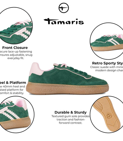 Tamaris Womens Green Pink Leather Fashion Stripe Lace Up Sneakers