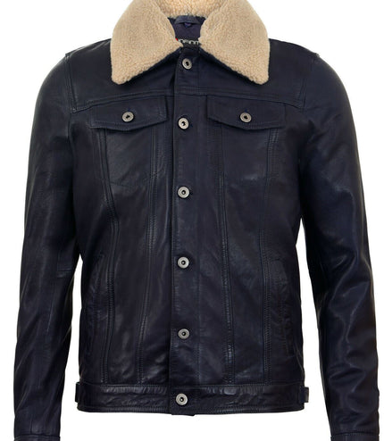 Mens Removable Collar Leather Trucker Jacket-Zagreb - Navy