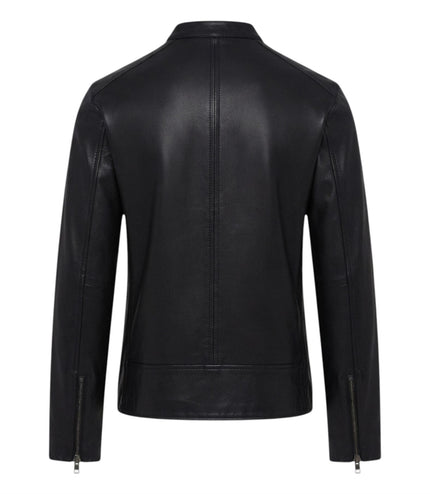 Mens Leather Black Stand Collar Cafe Racer Biker Jacket - E184