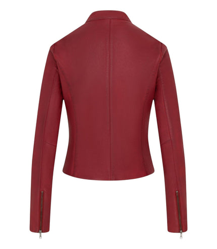 Womens Red Leather Stand Collar Racer Biker Jacket - 181