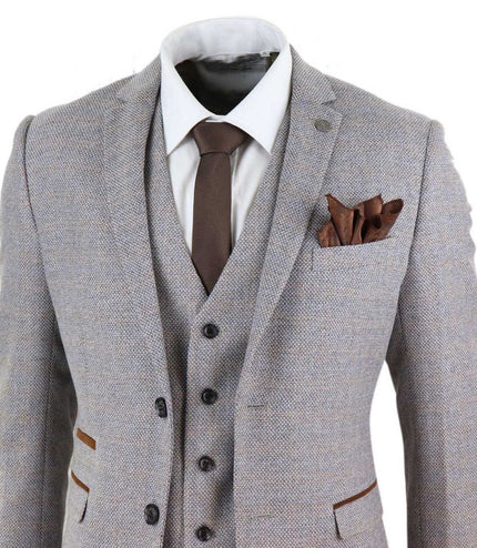 Mens 3 Piece Cream Tweed Check Vintage Retro Suit