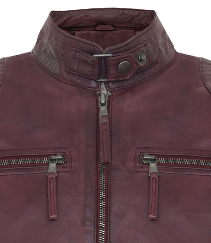 Mens Moto Leather Biker Jacket-Taiwan - Burgundy