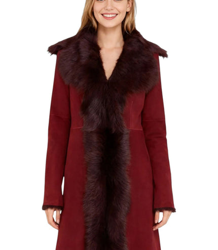 Womens Toscana Sheepskin Suede Trench Coat-Tbilisi - Burgundy