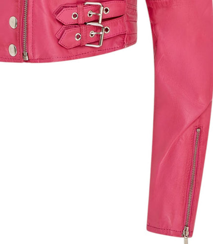 Womens Cropped Brando Leather Biker Jacket-Damascus - Fuschia