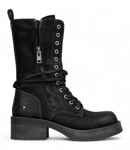 Windsorsmith Womens Black Suede Combat Boots Mid-Calf Lace-Up Biker Shoes - Gather