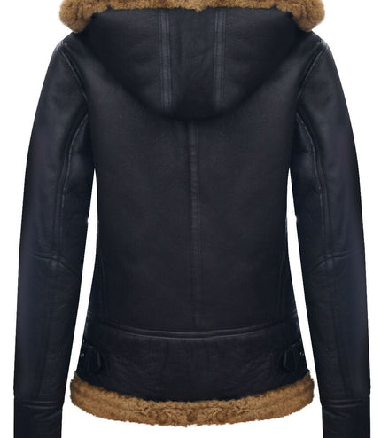 Womens Hooded Sheepskin Flying Leather Jacket-Palermo - Brown Ginger