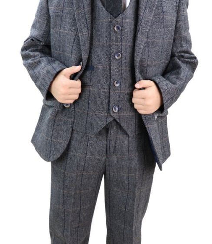 Boys 3 Piece Charcoal Grey Herringbone Tweed Check Classic  Suit