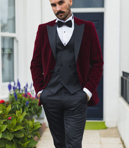 Mens Burgundy Velvet Dinner Tuxedo Suit Jacket Blazer