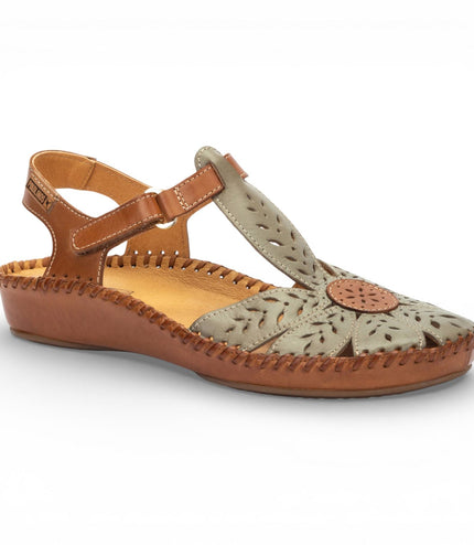 Pikolinos Women's Tan Green Leather Cushioned Wedge Sandal Shoes - P-Vallarta