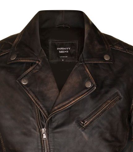 Mens Cross Zip Leather Biker Jacket - Gibraltar - Vintage Black