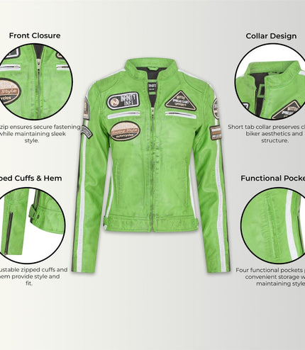 Womens Biker Racing Badges Green Leather Jacket-Eastleigh