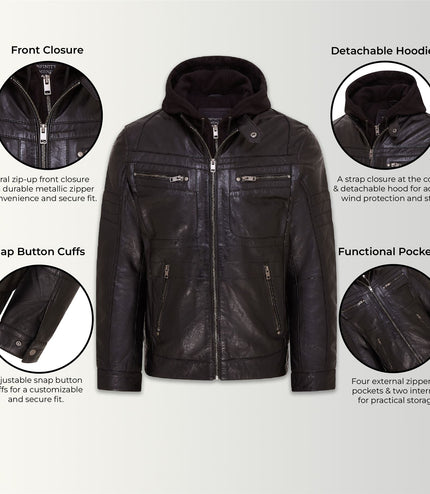 Mens Air Force Hooded Bomber Aviator Real Leather Flight Bomber Jacket - Black