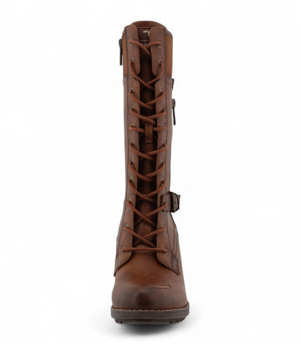 Mustang Women's Brown Mid-Calf Lace Up Heeled Combat Boots