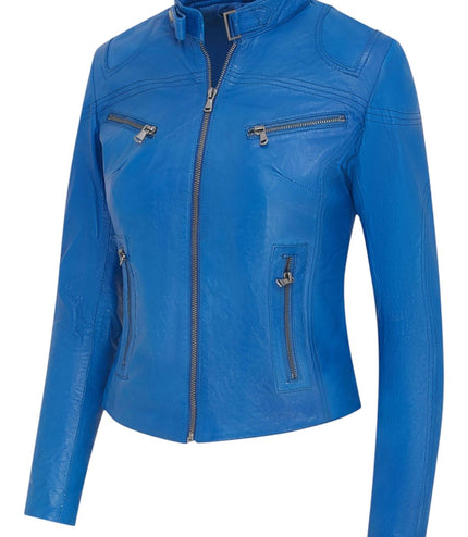 Womens Slim-Fit Leather Biker Jacket-Maldon - Blue