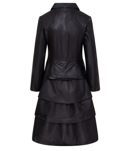 Womens Gothic Full Length Leather Coat Victorian Flare Goth Punk - Black