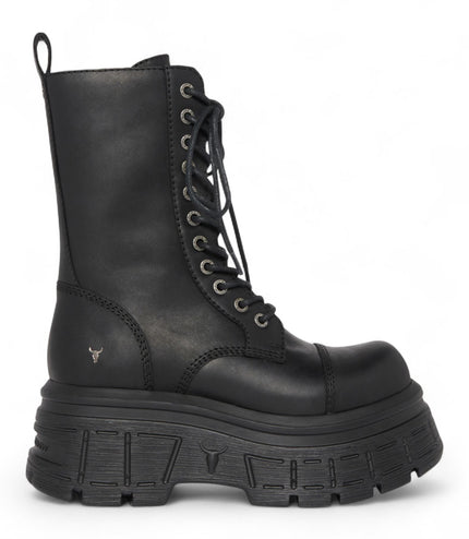 Windsorsmith Womens Black Mid-Calf Biker Leather Platform Combat Boots - Screaming