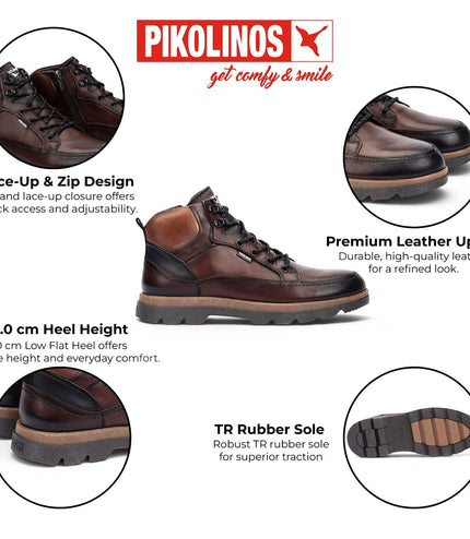 Pikolinos Men's Dark Brown Leather Lace-Up Ankle Boots - Vigo