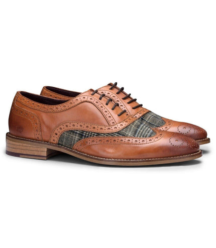 Mens Classic Oxford Tan Leather Gatsby Brogue Shoes With Tweed