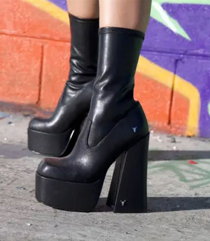 Windsorsmith Womens Black Mid-Calf Sock Platform Goth Heel Boots - Saviour