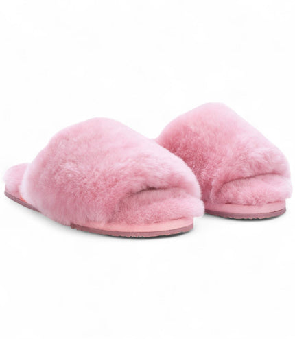 Women's Sheepskin Slippers Pink Warm Winter Fur Sliders - Nordic