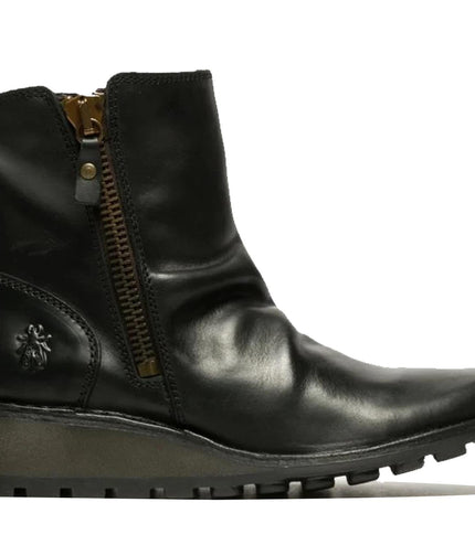 Fly London Womens Black MON944 Leather Wedge Heel Ankle Zip Up Chelsea Boots
